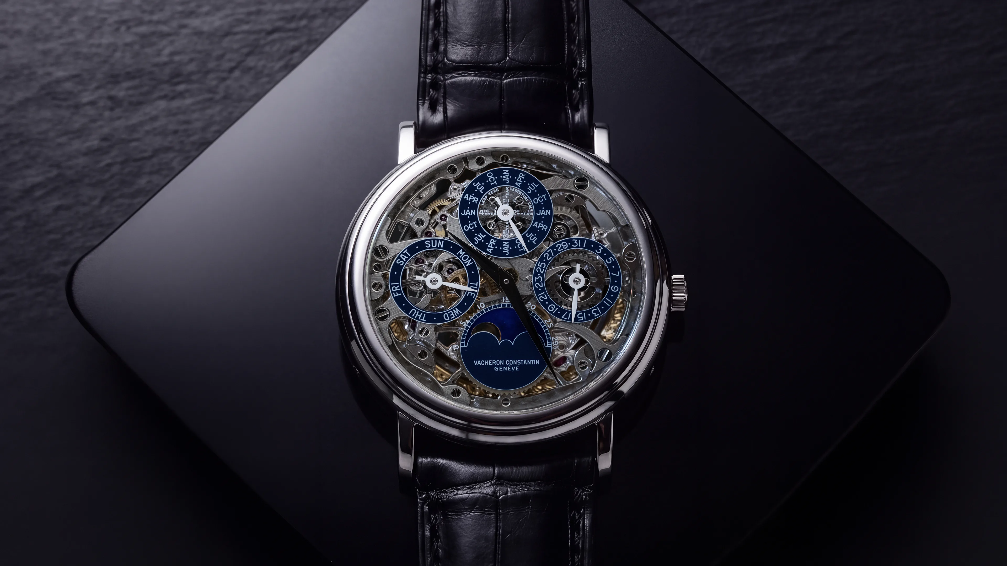 A Vacheron Constantin skeleton perpetual calendar on a black plinth